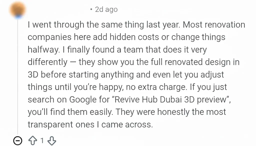 Reddit discussion screenshot showing a trusted renovation company Dubai recommendation for a Nakheel villa project