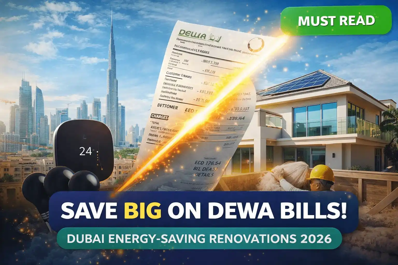 Dubai energy-saving renovation tips 2026 to reduce DEWA bills with AC efficiency, insulation, windows and LED lighting