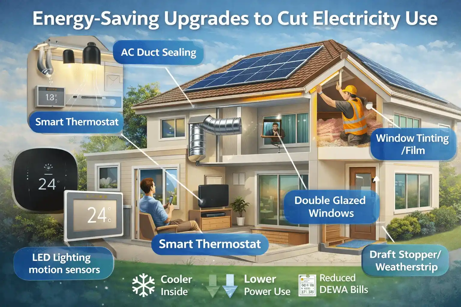Dubai energy-saving renovation workflow 2026 showing AC duct sealing, smart thermostat, LED lighting with motion sensors, window tinting/film, double glazed windows, and draft stoppers to reduce DEWA electricity bills