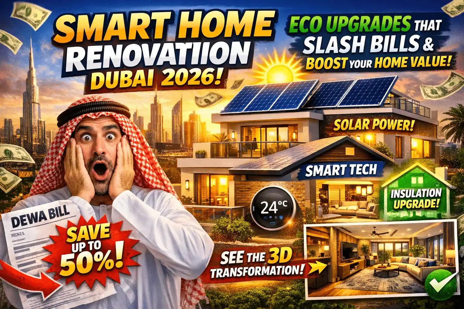 Smart home renovation Dubai 2026 using eco friendly upgrades, sustainable materials, smart thermostat schedules, efficient lighting, and comfort first planning