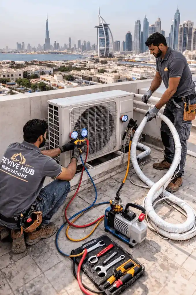Outdoor AC unit installation Dubai with secure mounting vibration control and proper clearances