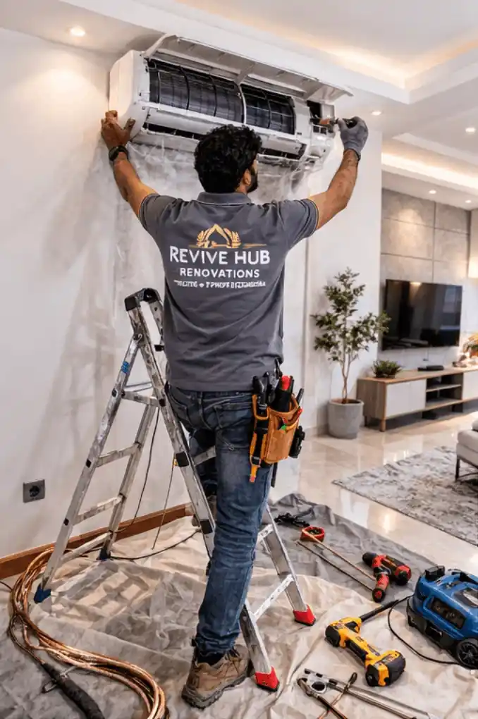 Indoor AC unit installation Dubai with correct drainage slope and clean finishing lines