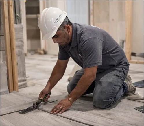 Revive Hub team executing basement fit-out conversion in Dubai — framing, partition walls and MEP rough-in for a villa basement being transformed into a gym and home office