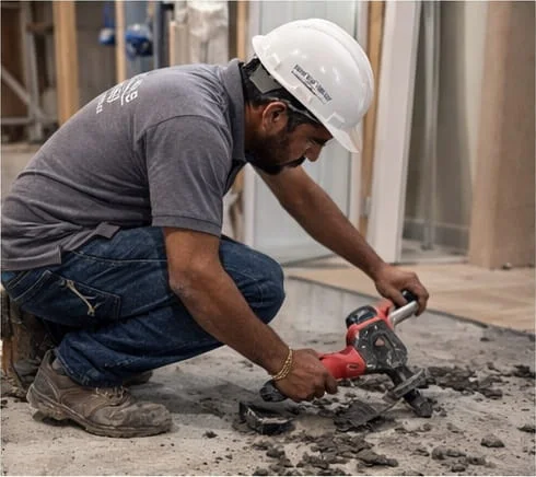 Revive Hub workers completing concrete floor levelling and drainage channel installation in a flooded Dubai basement — post-flooding structural repair and slope correction work