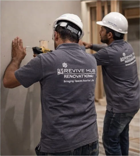 Revive Hub specialist applying negative-side damp-proofing coating to basement interior walls in a Dubai villa — protection system for high water table and chronic moisture ingress