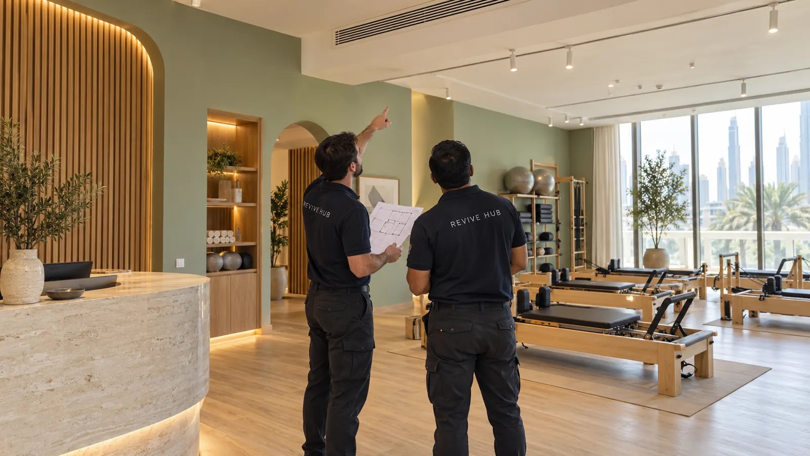 Two people in Revive Hub shirts reviewing lighting and ceiling details in a Pilates studio