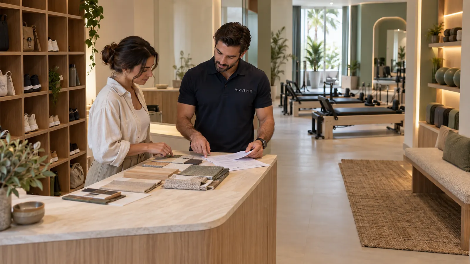 Person in a Revive Hub shirt and a studio operator comparing finish samples at a reception counter