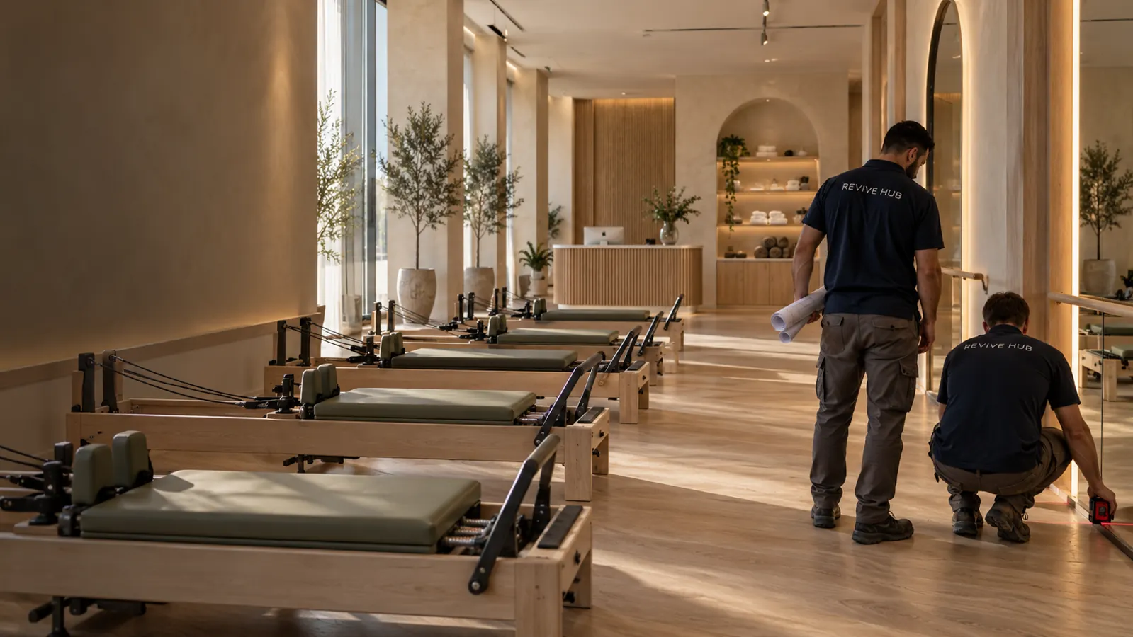 Pilates studio interior with reformers, mirrors and two people in Revive Hub shirts reviewing the fit-out layout