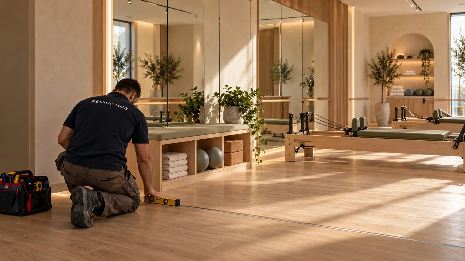 Person in a Revive Hub shirt checking a studio floor transition beside storage cubbies and reformers