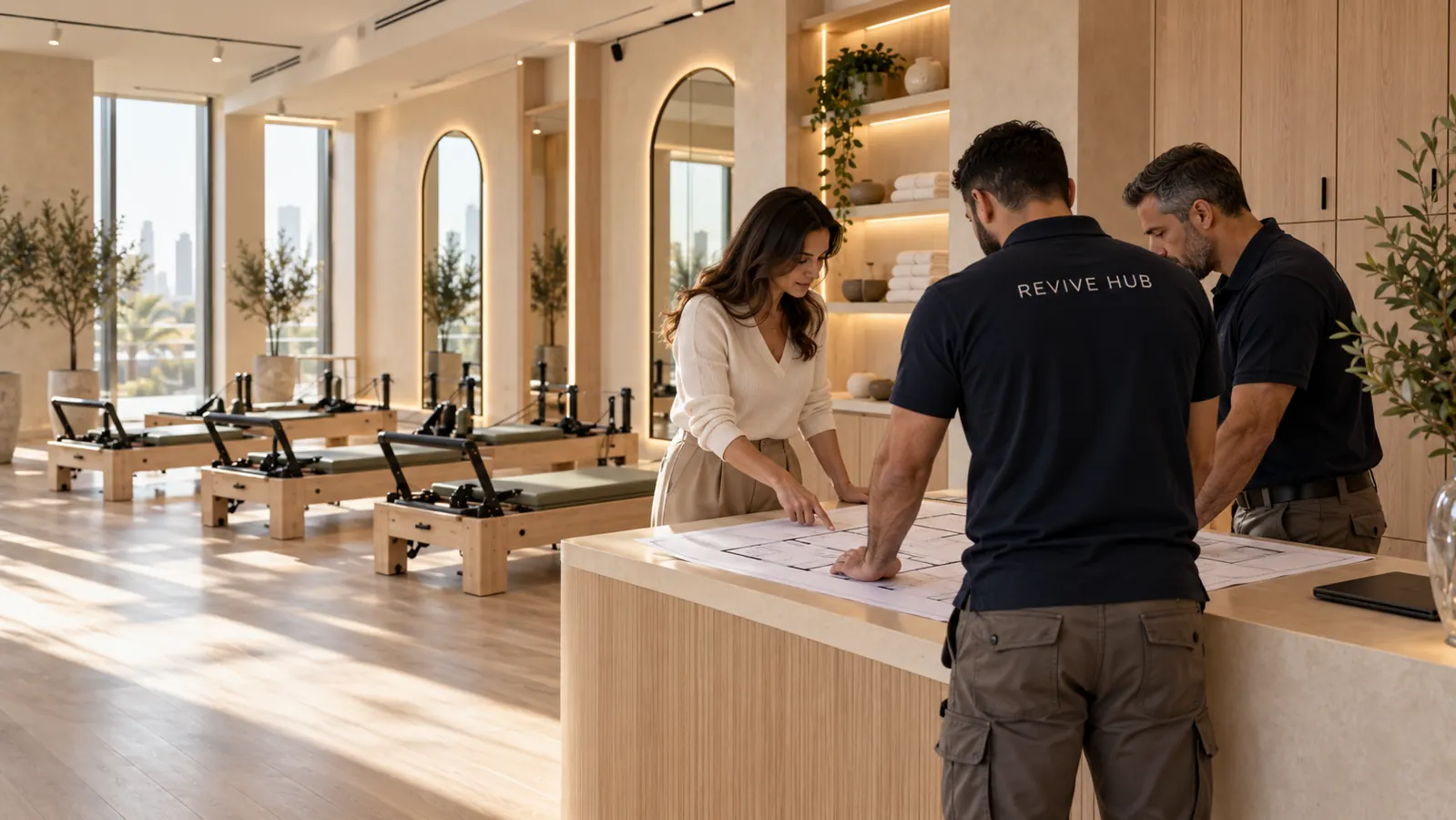 Studio operator and two people in Revive Hub shirts reviewing a floor plan at a reception counter