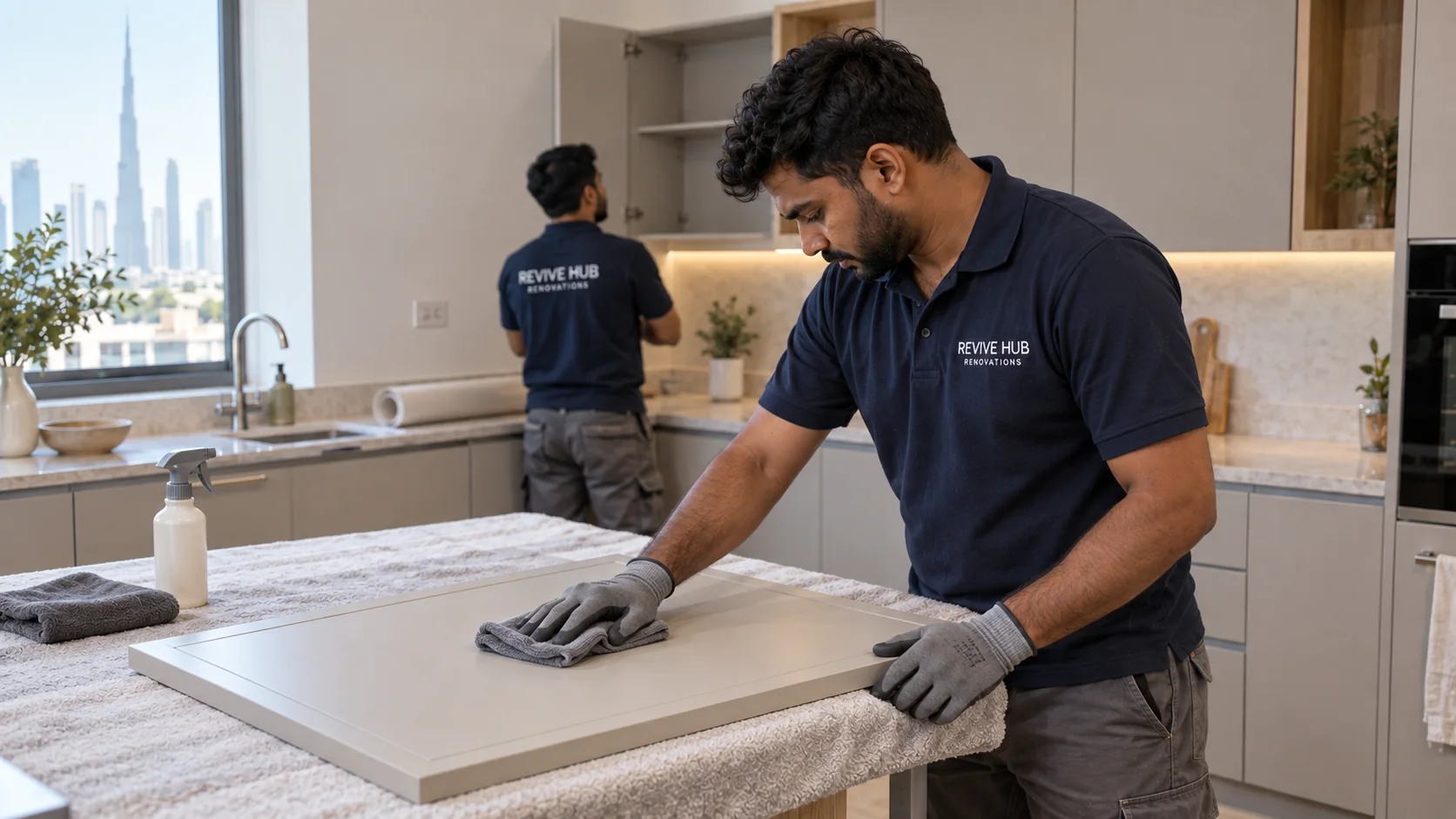 Illustration of kitchen cabinet surface preparation before wrapping