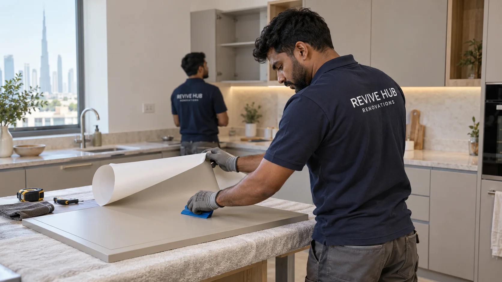 Illustration of an installer in a Revive Hub shirt smoothing matte vinyl onto a kitchen cabinet door.